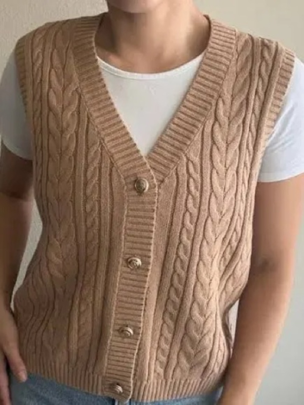 Nicole Miller Tan Cable Knit Sweater Vest Gold Buttons Retro 70s Cardigan